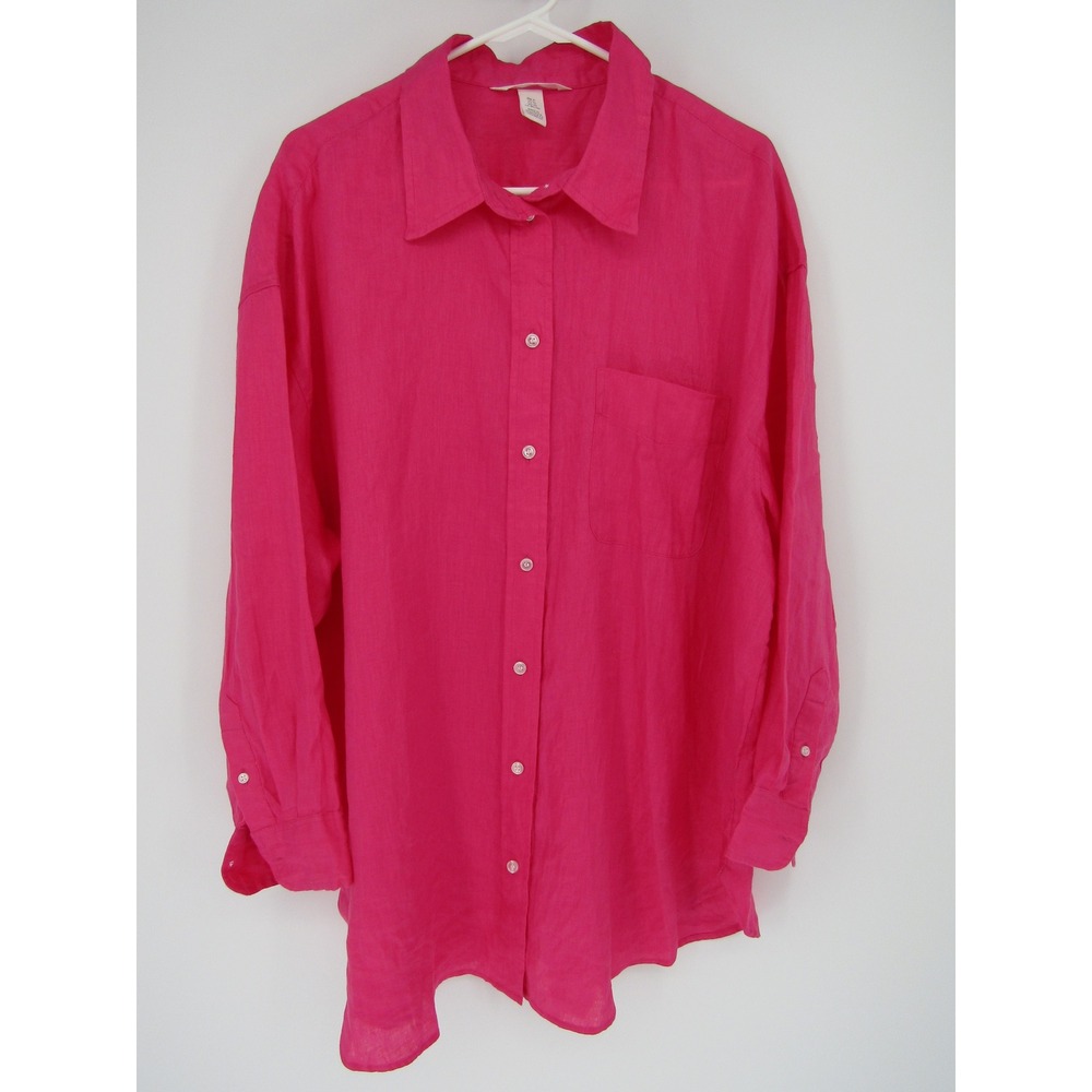Pink‎ Linen Button Down Shirt  XL Barbie Lagenlook Natural Boho Vacation Coastal